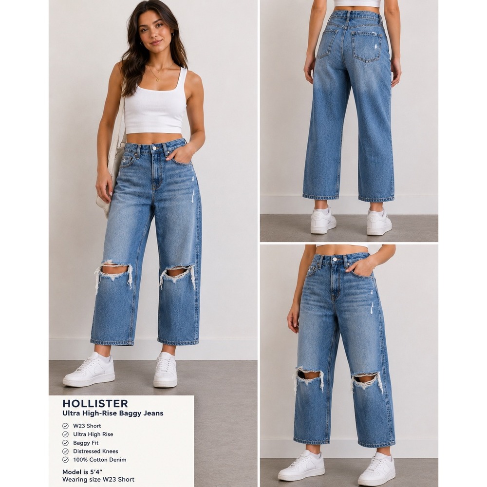 Hollister Ultra High-Rise Baggy Jeans W23 Short Medium Wash Distressed Denim